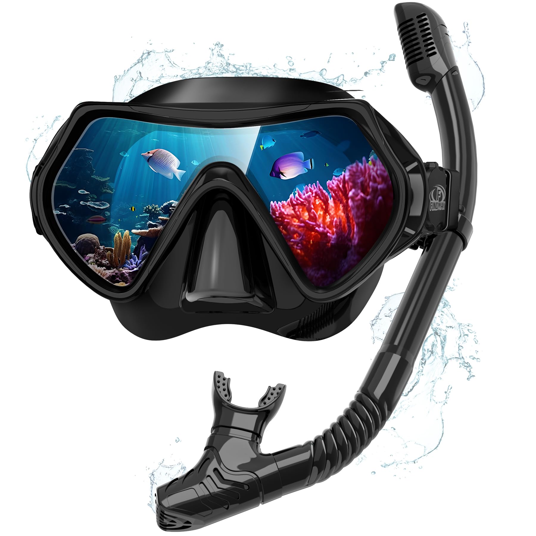 Набор маска и трубка Findway для взрослых Набор для снорклинга Трубка для взрослых Защита от УФ лучей Закаленное стекло Силикон Ударопрочный Суперлегко носить Высокий